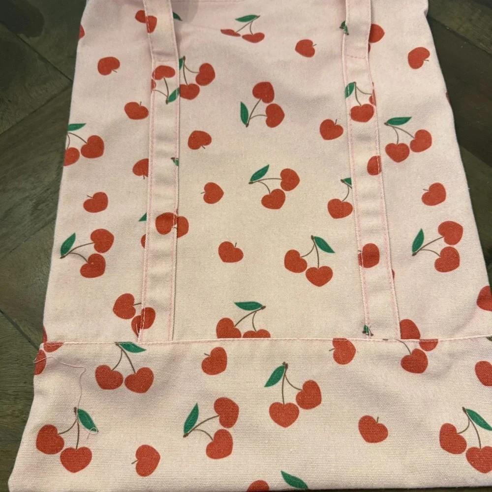 Pink & Cherry Print‎ Canvas Tote Bag with Handles & Adjustable Strap Book Bag